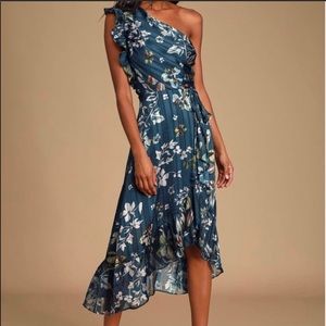 Elaine Navy Floral Print One-Shoulder Dress Lulus